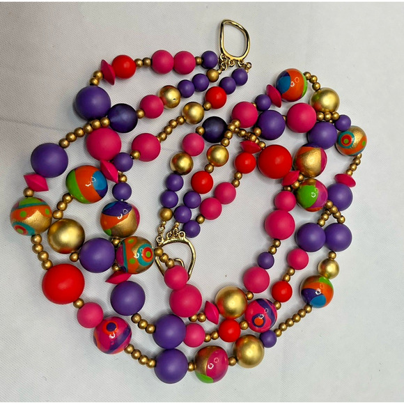Colorful Necklace Orange Pink Purple Wood Beads Triple Strand Festive Bright - Picture 3 of 7